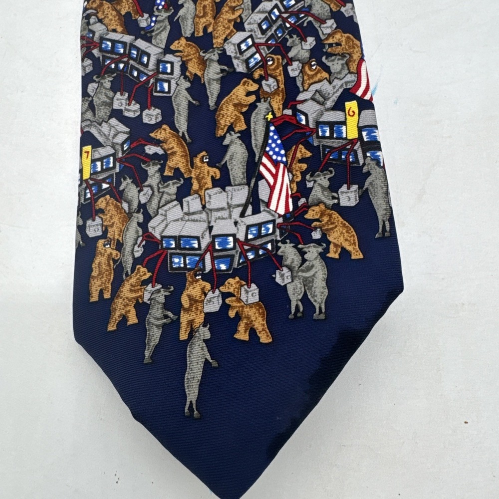 Alynn Neckwear Men's Stock Market Wall Street Bulls + Bears Silk Necktie Tie VTG